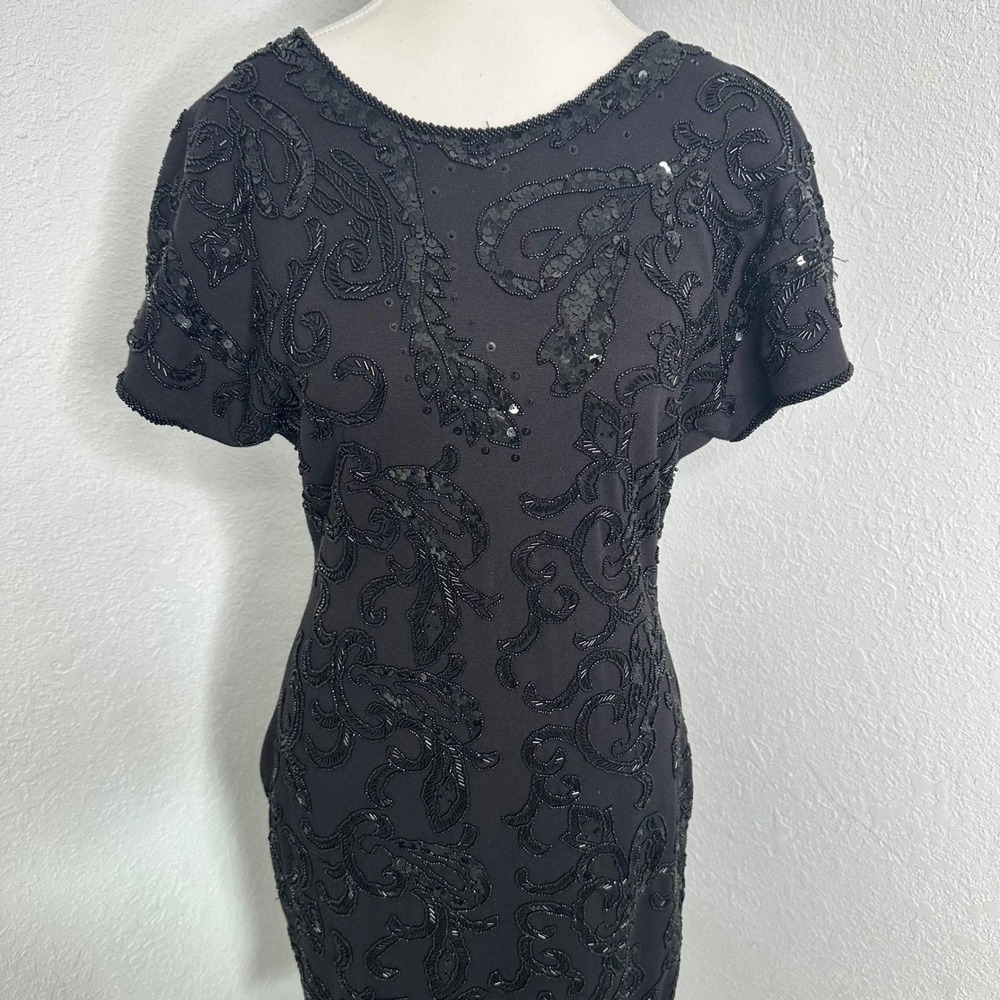 Vintage 1990s Carmen Marc Valvo Dress Black Beaded Sequin Cocktail Party Evening